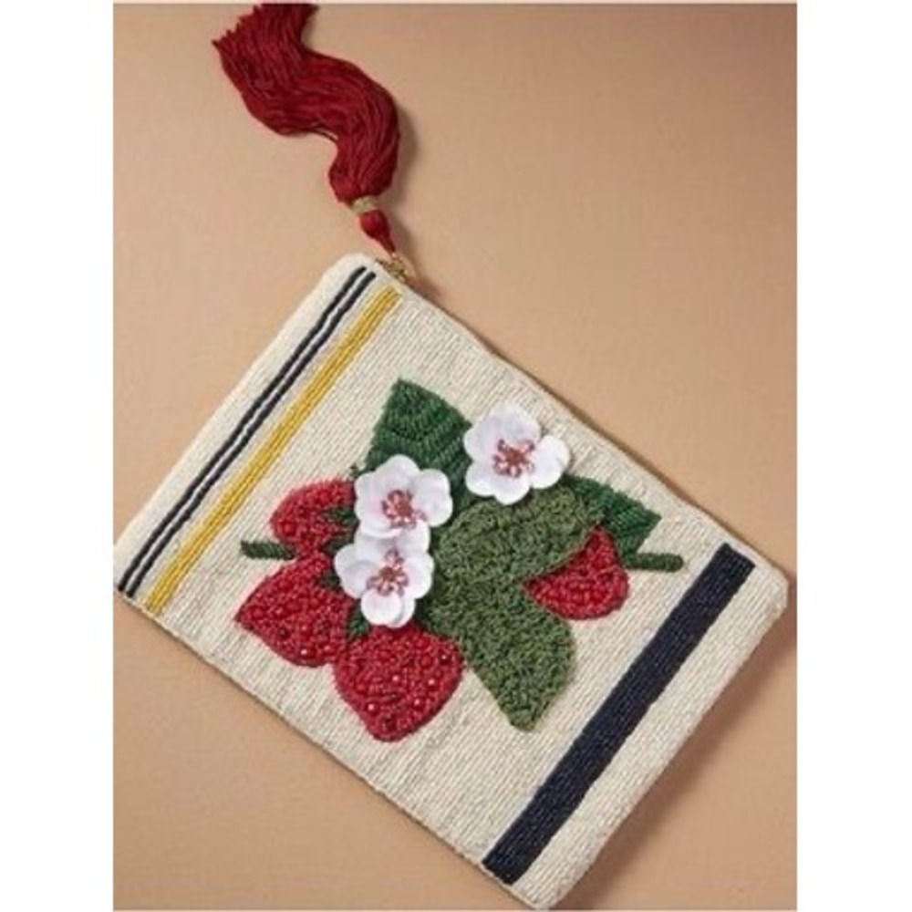 Anthropologie Fiona Beaded Strawberry Pouch Bag Large